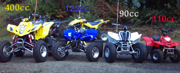 Adult, Teen, Youth and Kids Atv quads lined up for comparison